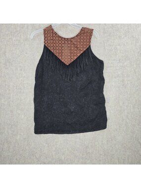 Gimmicks By BKE Womens Sleeveless Black & Brown Fringe Lace Laser-Cut Top XL USA